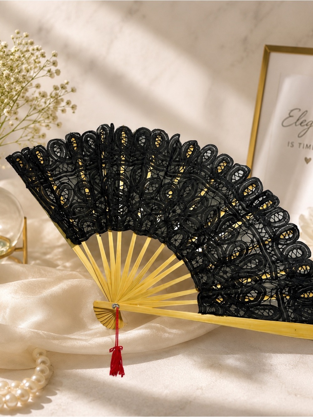 Black Lace Hand Fan with Natural Bamboo Wood Frame with Red Tassel